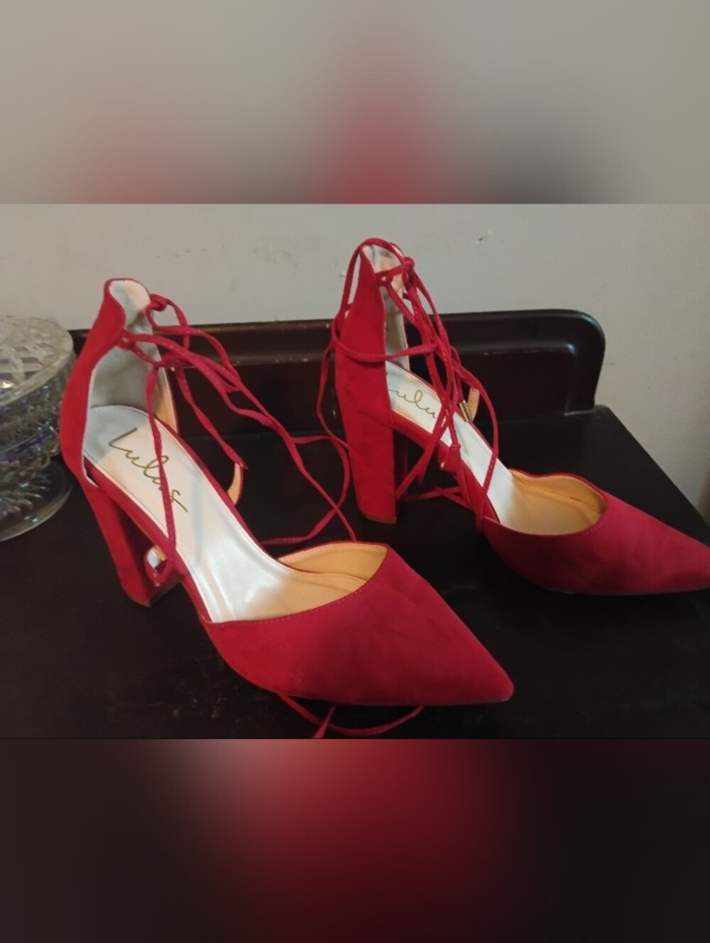 Lulus Red Suede Lace-Up Block Heel Pumps Pointed Toe Shoes Women's Size 9
